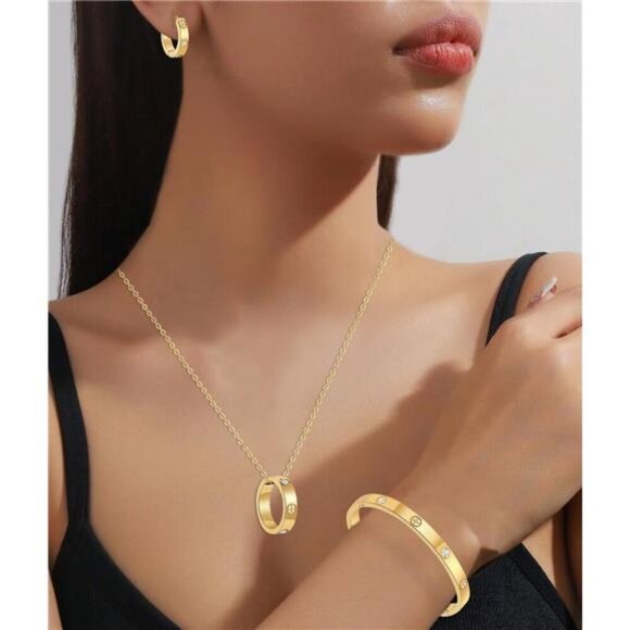 Gold-Tone Screw Design Jewelry Set – Necklace, Earrings & Bangle Bracelet - Picture 3 of 5